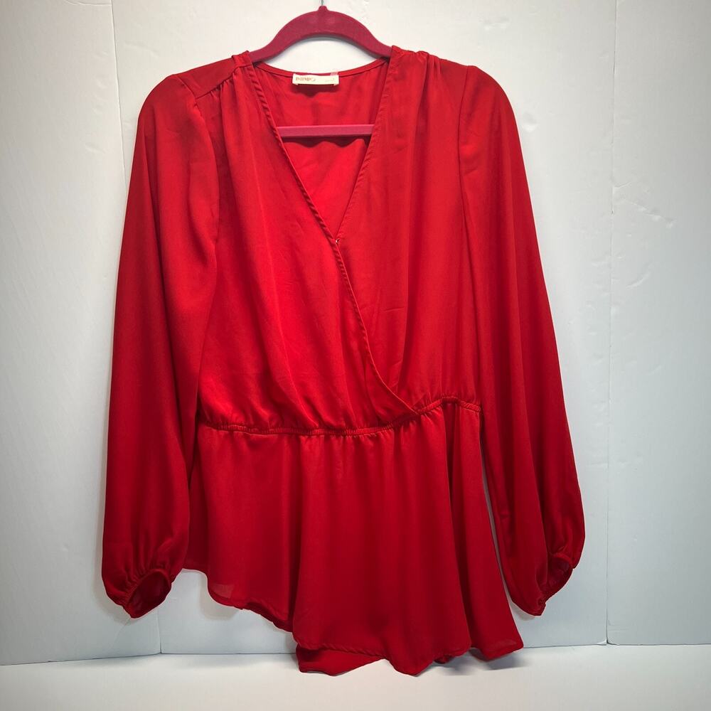 Intempo Women's Blouse Red Faux Wrap Surplice Elastic Waist, Sz L
